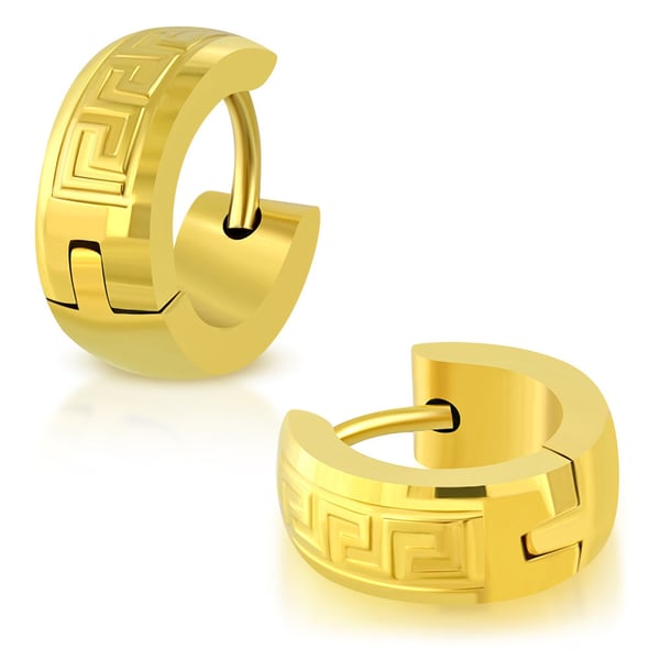 Små Blanka Runda Hoop Örhängen i Kirurgiskt Stål 316L i Guld Färg med Grekiskt Mönster - 13 mm Små Blanka Runda Hoop Örhängen i Kirurgiskt Stål 316L i Guld Färg med Grekiskt Mönster - 13 mm