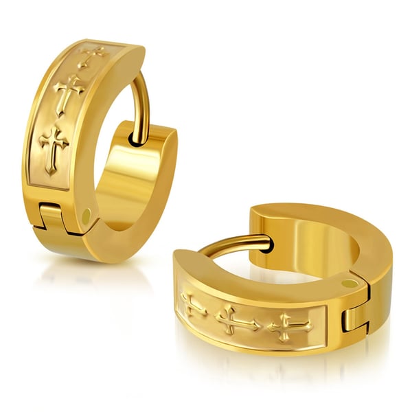 Små Blanka Runda Hoop Örhängen i Guld Färg i Kirurgiskt Stål 316L med Kors - 13 mm