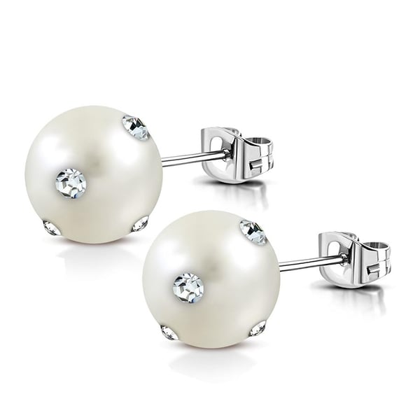 Stiftörhängen Stud Örhängen i Kirurgiskt Stål 316L i Silver Färg med Benvit Pärla & Klara Cubic Zirconia - 10 mm