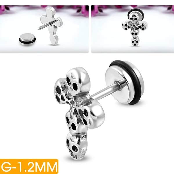 1 st Stud Örhänge / Fake Plug i Kirurgiskt Stål 316L i Silver Färg - Kors med Döskallar