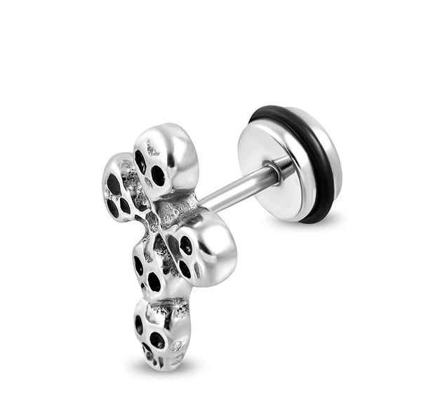 1 st Stud Örhänge / Fake Plug i Kirurgiskt Stål 316L i Silver Färg - Kors med Döskallar