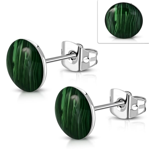 Stud Örhängen Stiftörhängen i Kirurgiskt Stål 316L i Silver Färg - Runda / Cirkel med Marmorerad Grön Knapp - 8 mm