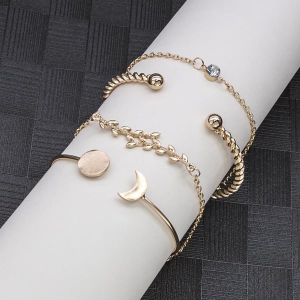 4 st Armband / Stelt Bangle i Guld Färg med Kedja, Blad / Löv, Måne & Rhinestone