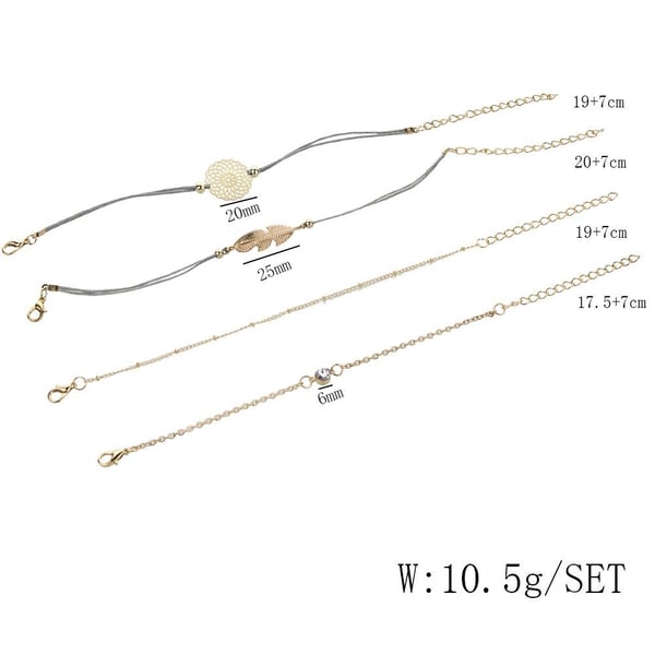 4 st Armband i Guld Färg med Kedja, Kulor, Grå Tråd, Fjäder, Blomma & Rhinestone