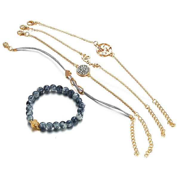 5 st Armband i Guld Färg med Kedjor, Pärlor, Hjärta, Love, Världskarta, Sköldpadda, Infinity & Strass