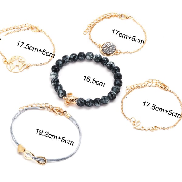 5 st Armband i Guld Färg med Kedjor, Pärlor, Hjärta, Love, Världskarta, Sköldpadda, Infinity & Strass