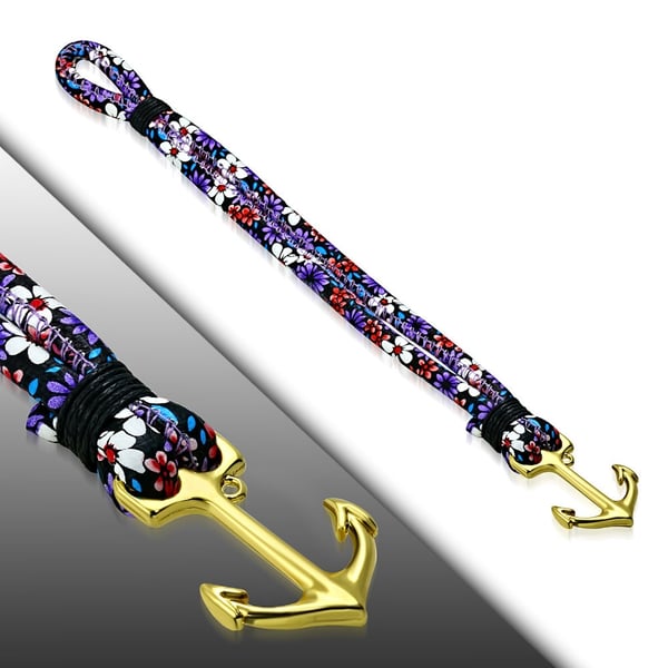 Rep / PU Läder Armband / Läderarmband med Blommigt Mönster & Ankare i Guld Färg