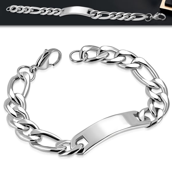 Armband / Figarolänk i Rostfritt Stål i Silver Färg - Kedja med ID Bricka för Gravyr - L 21 cm B 11,5 mm