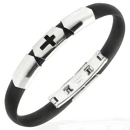 Svart Armband i Rostfritt Stål 316L & Gummi - Detaljer i Silver & Svart Kors