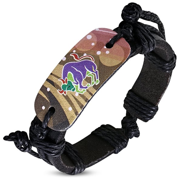 Svart Läderarmband / Läder Armband med Stjärntecken - Oxen / Taurus