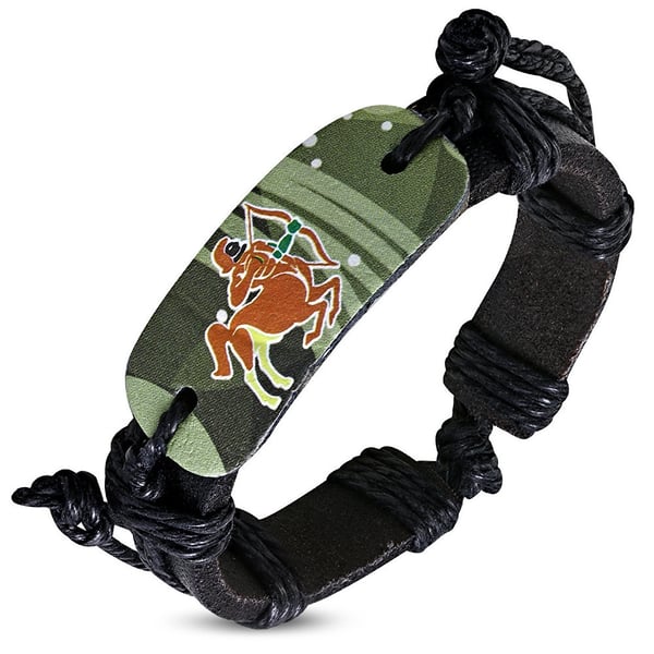 Svart Läderarmband / Läder Armband med Stjärntecken - Skytten / Sagittarius