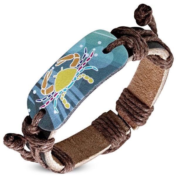 Brunt Läderarmband / Läder Armband med Stjärntecken - Kräftan / Cancer