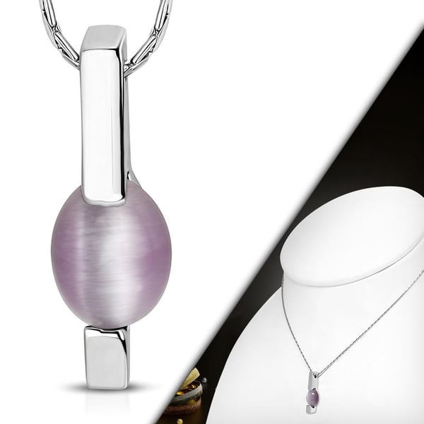 Halsband i Silver Färg - Hänge med Rektangel och Oval Lila Kattögon Sten / Kattöga / Kattögonsten