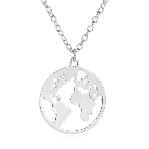Silver Halsband med Runt Hänge med Världskarta / Världen /Jorden - Silverpläterat