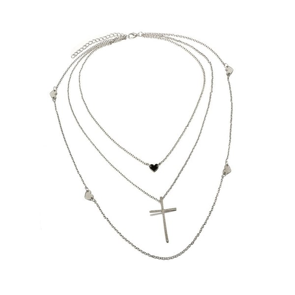 Halsband i Silver Färg - 3 Kedjor med Svart Hjärta samt Hjärtan och Kors i Fina Mönster