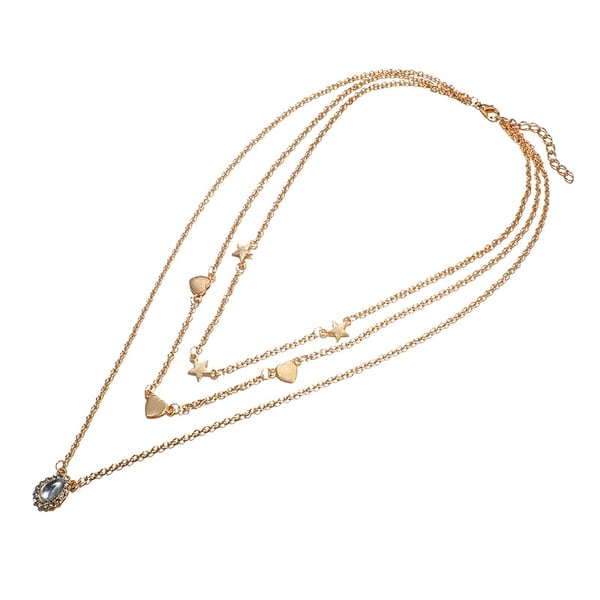 Halsband i Guld Färg med 3 Kedjor med Hjärtan, Stjärnor & Vita Rhinestones