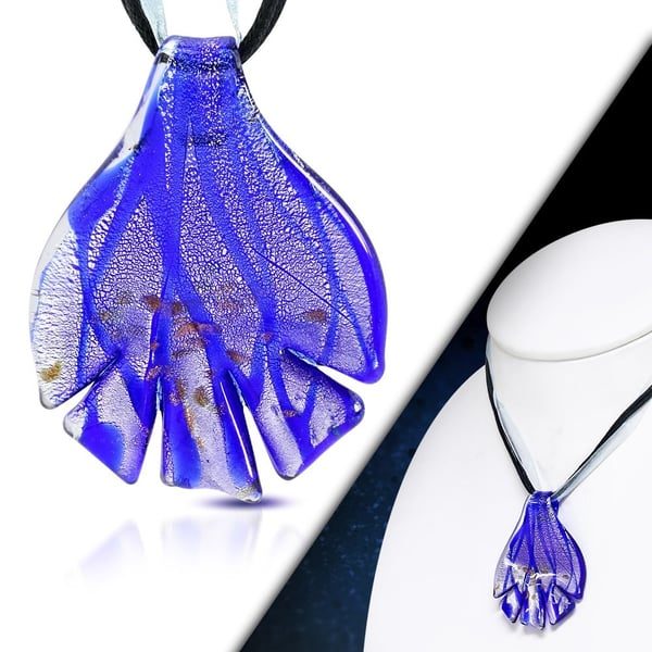 Bohemiskt Halsband med Snöre & Organzaband Dekorerade med Boro Glashänge - Löv i Blått & Silver