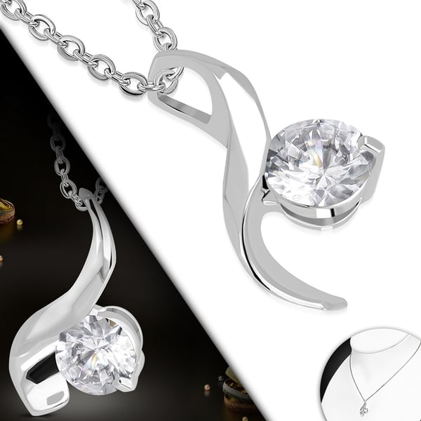 Vackert Halsband i Silver Färg - Snirkligt Hänge med en Klar Cubic Zirkonia Kristall
