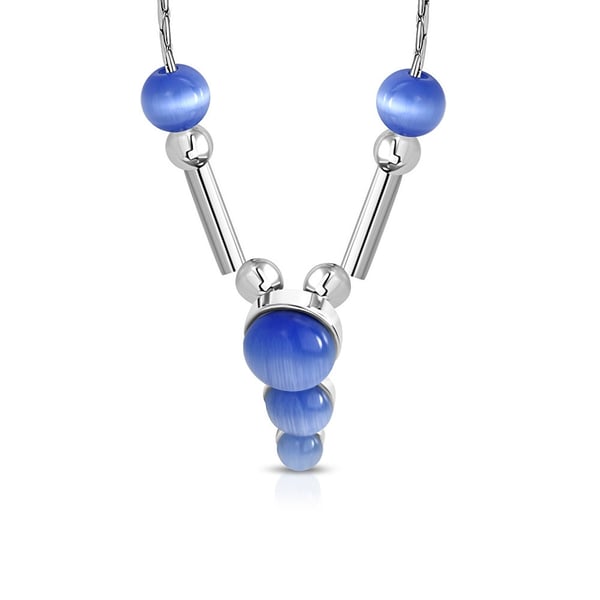 Halsband i Silver Färg med Kulor, Stavar & Blå Kattögon / Kattöga Stenar