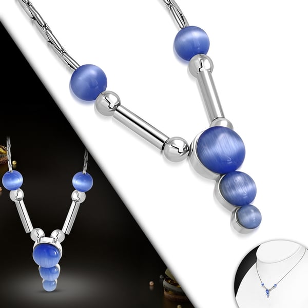 Halsband i Silver Färg med Kulor, Stavar & Blå Kattögon / Kattöga Stenar