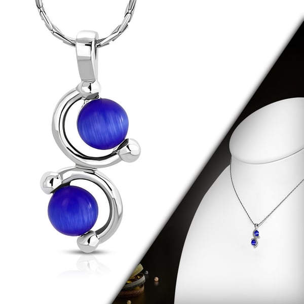 Halsband i Silver Färg - Unikt Hänge med Blå Kattögon Sten / Kattöga / Kattögonsten