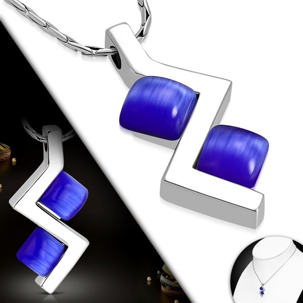 Halsband i Silver Färg - Geometrisk Hänge med Kvadrat och Blå Kattögon Sten / Kattöga / Kattögonsten