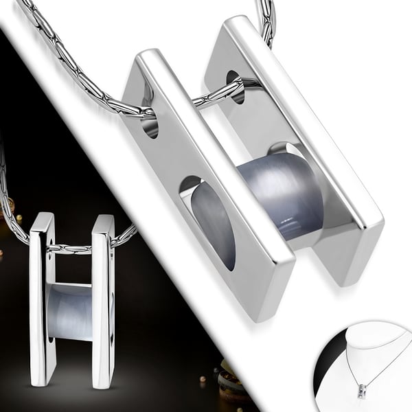 Halsband i Silver Färg - Hänge / Stege med Grå Kattögon Stenar / Kattöga / Kattögonsten