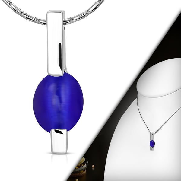 Halsband i Silver Färg - Hänge med Rektangel och Oval Blå Kattögon Sten / Kattöga / Kattögonsten