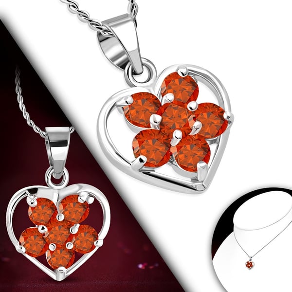 Halsband i Silver Färg - Hjärta och Blomma med Röda Cubic Zirkonia Kristaller