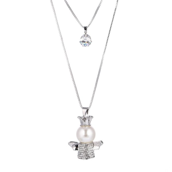 Halsband i Silver färg med 2 Kedjor Dekorerade med Ängel med Pärla & Kristaller