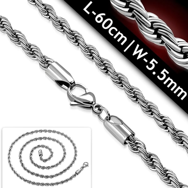 Halsband i Rostfritt Stål 316L i Silver Färg i Repmodell - Klassisk Halskedja / Stålkedja - B 5,5 mm  L 60 cm