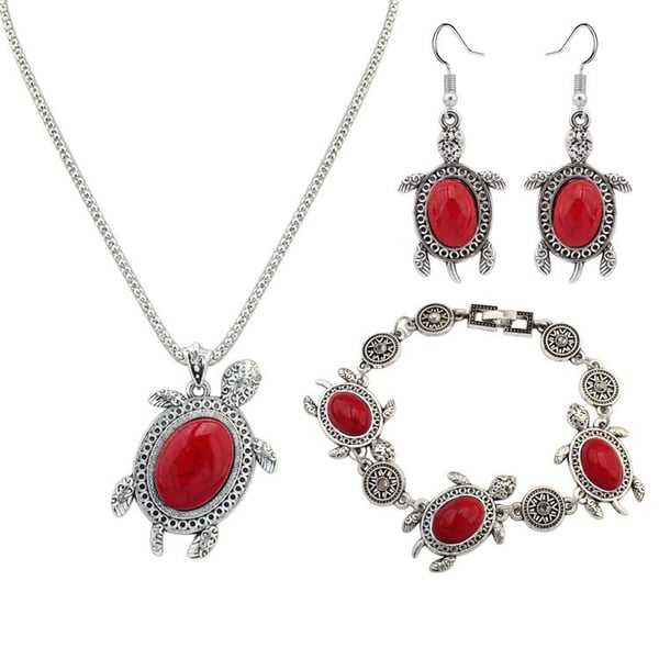 Smyckesset i Silver Färg - Halsband, Armband & Örhängen - Sköldpaddor med Röda Stenar