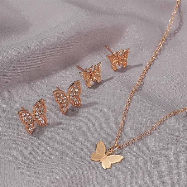 Smyckesset i Guld Färg - Halsband & 2 par Örhängen med Fjärilar & Strass