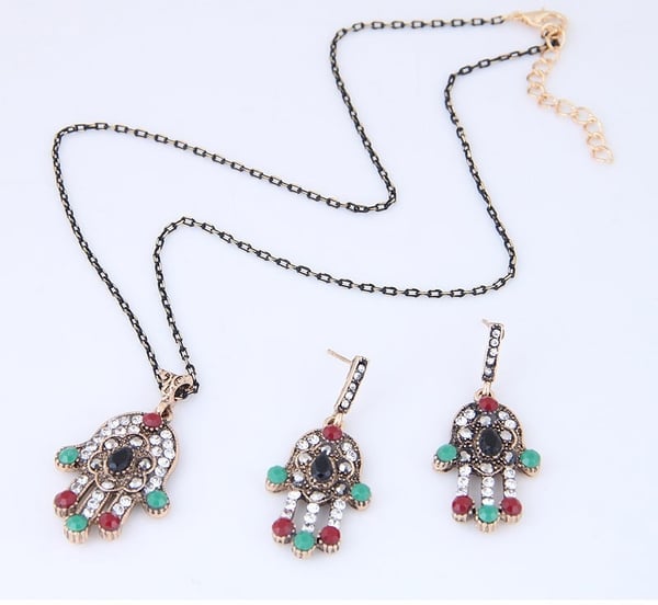 Smyckesset i Svart & Guld Färg med Rhinestones - Halsband & Örhängen - Fatimas Hand