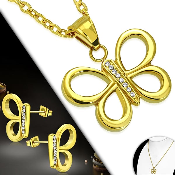 Smyckesset i Rostfritt Stål 316L i Guld Färg - Halsband & Örhängen - Fjäril med Cubic Zircon Kristall