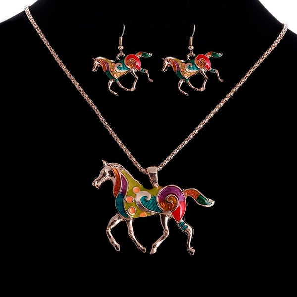 Smyckesset i Guld Färg - Halsband & Örhängen - Häst i Flera Färger