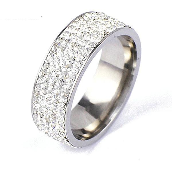 Glittrande Ring i Rostfritt Stål i Silver Färg med 5 rader Rhinestones/Strass - Stl 22