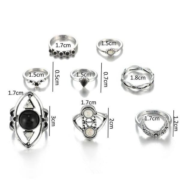 8-pack Boho Midi Ringar Fingertoppsringar i Silver Färg med Svarta & Vita Stenar samt Olika Mönster