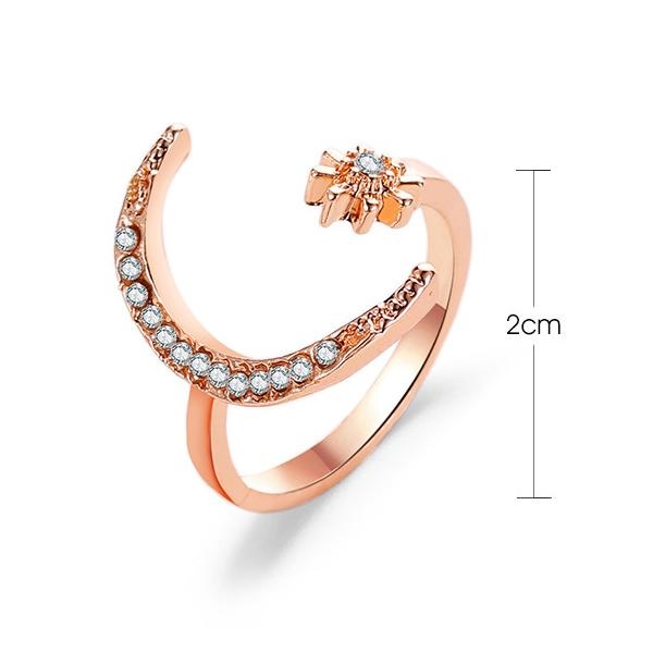 Fashion Ring i Rosé Guld Färg med Strass, Måne & Stjärna - Justerbar