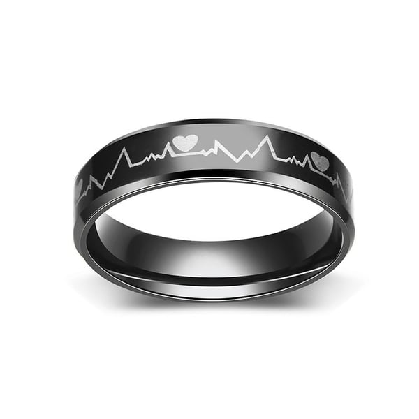 Svart Ring i Rostfritt stål med Hjärta & Hjärtslag / EKG-Kurva - Stl 15,7
