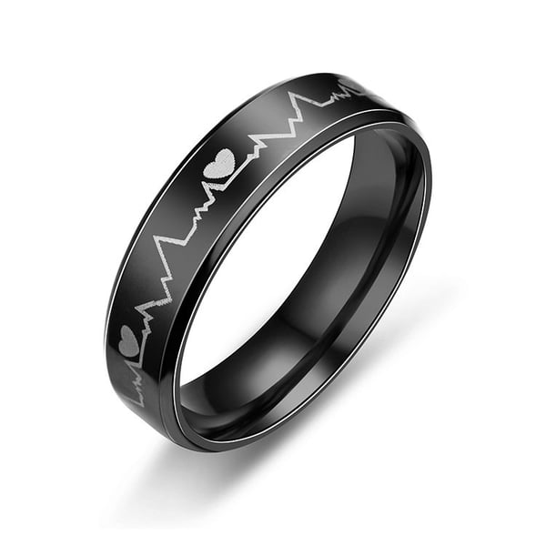 Svart Ring i Rostfritt stål med Hjärta & Hjärtslag / EKG-Kurva - Stl 16,51