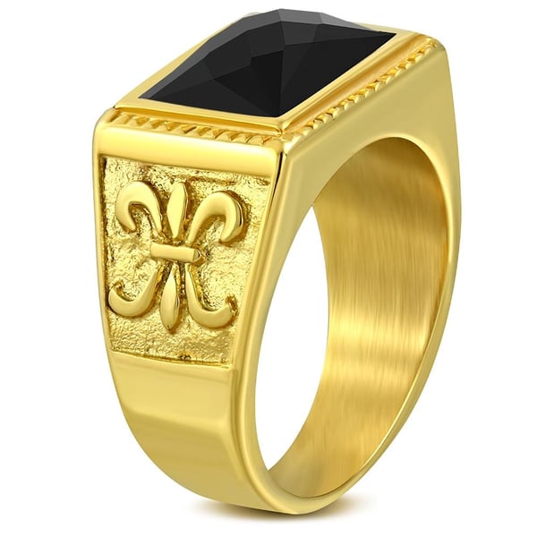 Klackring Herr Ring i Kirurgiskt Stål 316L i Guld färg med Svart CZ Kristall & Fint Mönster / Fleur De Lis- Stl 18,14