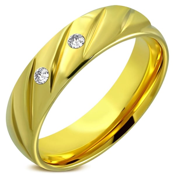 Guldpläterad Ring i Kirurgiskt Stål 316L i Guld Färg med Fint Mönster & Klara CZ Kristaller - Stl 19