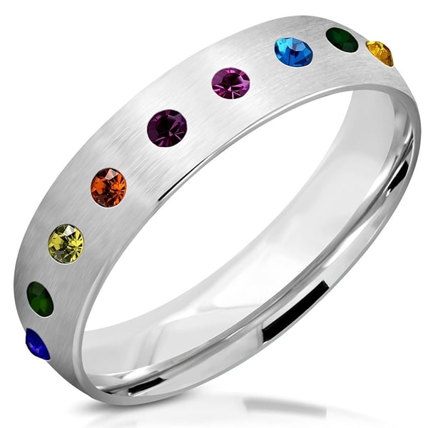 Polerad Ring i Kirurgiskt Stål 316L i Silver färg med Regnbågsfärgade Cubic Zircon / Pride - Stl 20,57