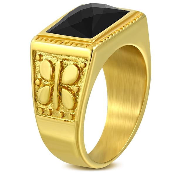 Klackring Herr Ring i Kirurgiskt Stål 316L i Guld färg med Svart CZ Kristall & Fint Mönster - Stl 21
