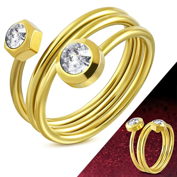 Guldpläterad Ring i Rostfritt Stål 316L i Guld Färg - Spiral med Klara Cubic Zirconia Kristaller - Stl 16