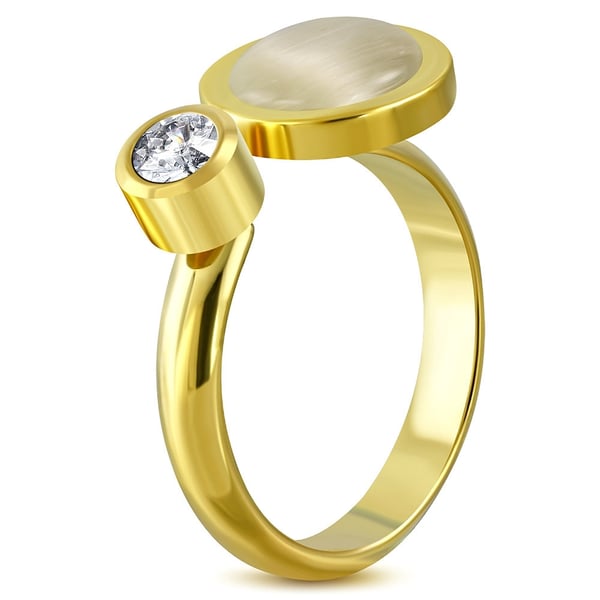Guldpläterad Öppen Ring i Kirurgiskt Stål 316L i Guld Färg med Klar Cubic Zirconia & Kattöga - Stl 18,14