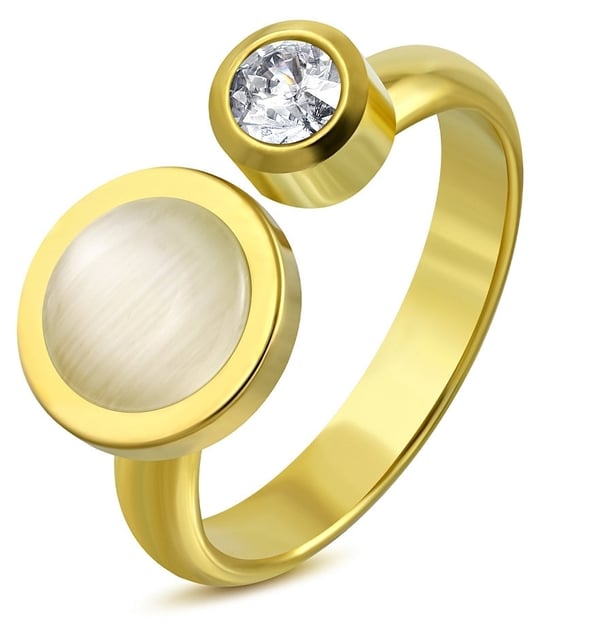 Guldpläterad Öppen Ring i Kirurgiskt Stål 316L i Guld Färg med Klar Cubic Zirconia & Kattöga - Stl 18,14 Guldpläterad Öppen Ring i Kirurgiskt Stål 316L i Guld Färg med Klar Cubic Zirconia & Kattöga - Stl 18,14