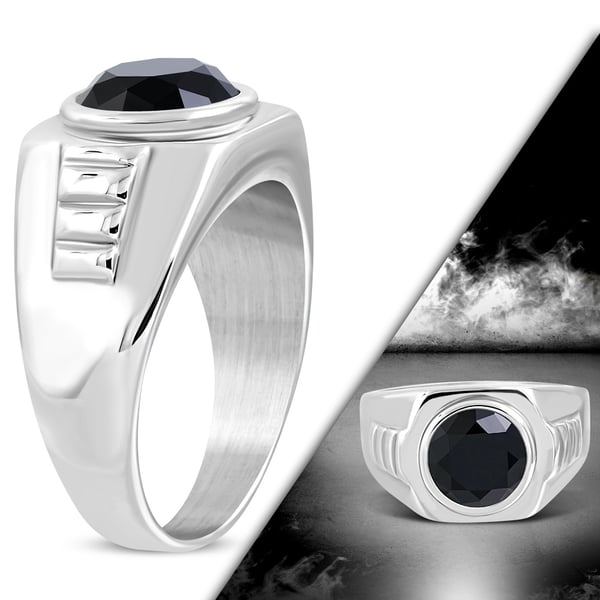 Cool Ring i Rostfritt Stål 316L i Silver färg med Svart Rund Cubic Zircon Kristall - Stl 18,95
