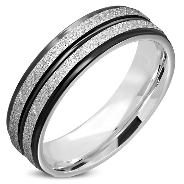 Sandblästrad Halvrundad Ring i Kirurgiskt Stål 316L i Silver Färg med Svarta Ränder - Stl 20,57